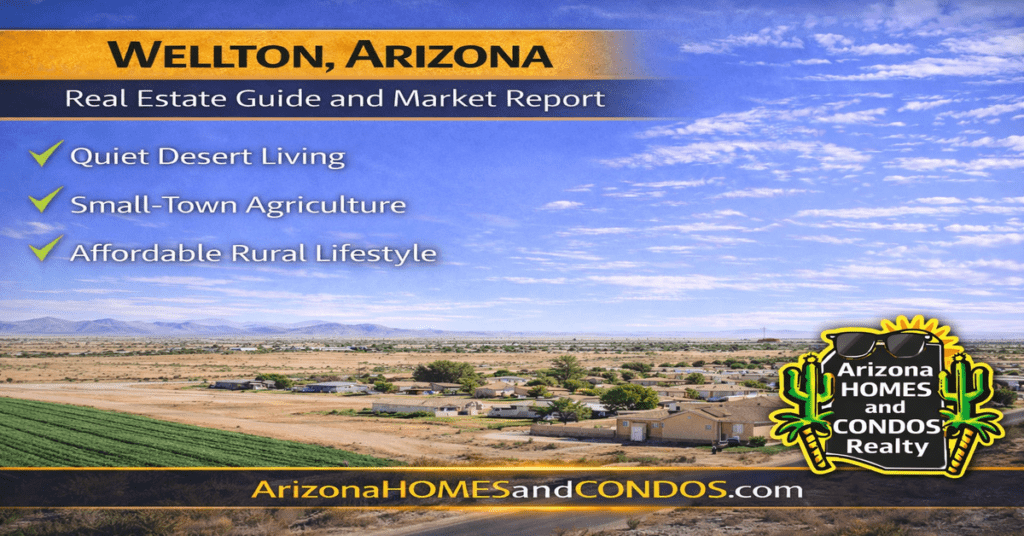 Wellton Arizona real estate guide and market report featuring small town homes desert landscape and agricultural community near Yuma