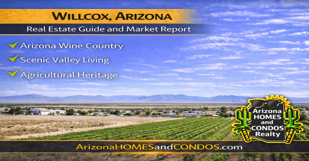 Willcox Arizona real estate guide and market report featuring vineyards open land desert landscape and small town homes