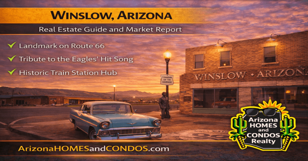 Winslow Arizona real estate guide and market report featuring Route 66 downtown historic buildings and desert landscape