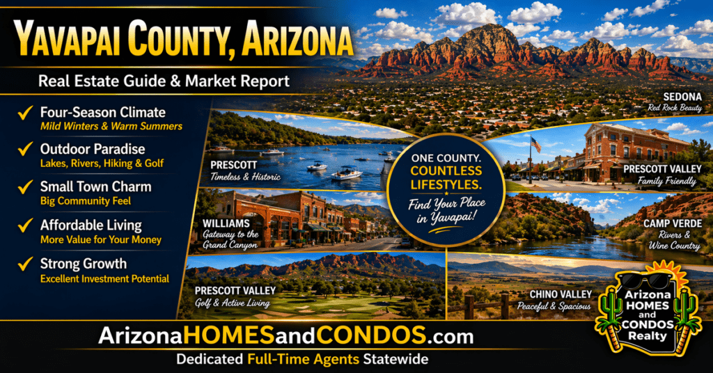 Yavapai County Arizona real estate guide and market report featuring Prescott Sedona mountain landscape pine forests and lifestyle living