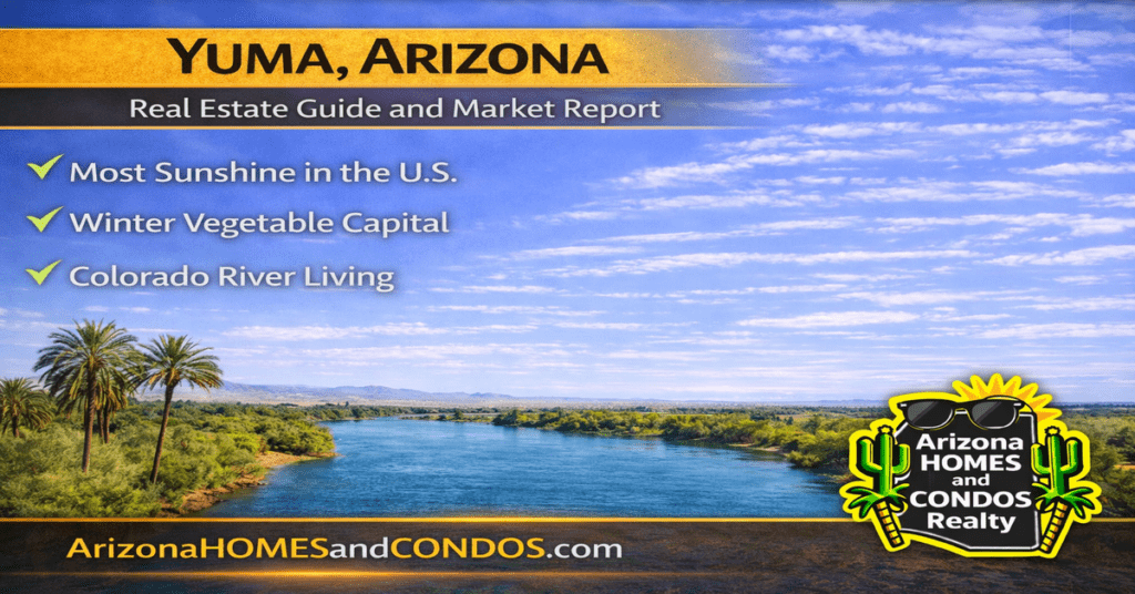 Yuma Arizona real estate guide and market report featuring suburban homes desert landscape and growing city in southwestern Arizona