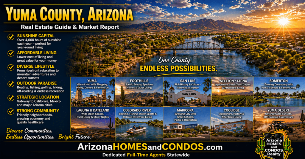 Yuma County Arizona real estate guide and market report featuring desert landscape suburban homes and southwestern Arizona communities