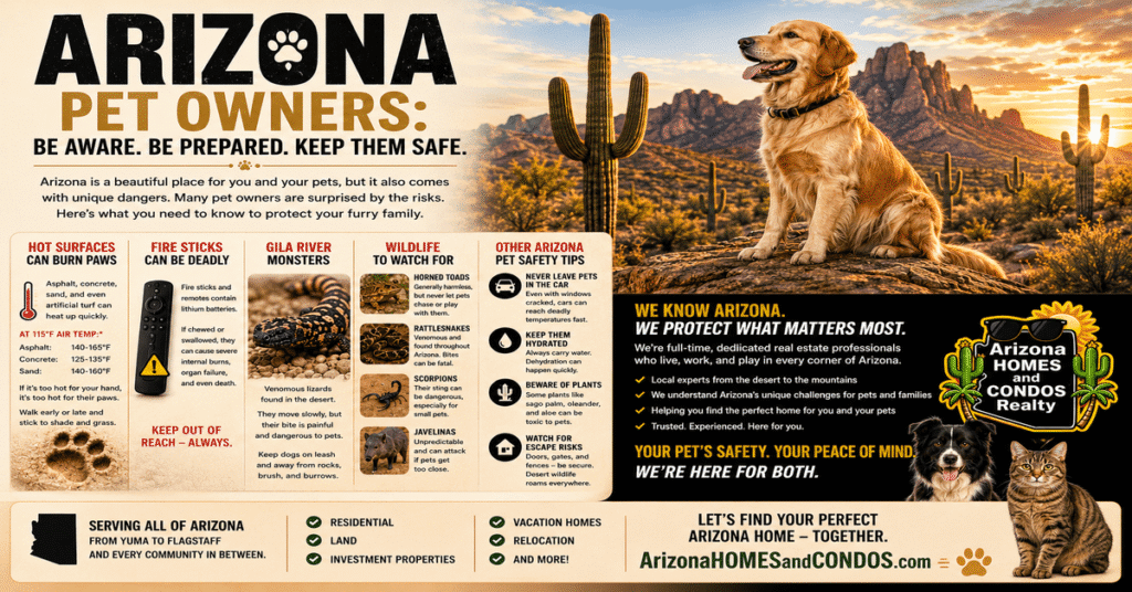 Arizona pet safety guide... dog on desert yard with xeriscape, mountains, and hazards like hot pavement and rattlesnakes