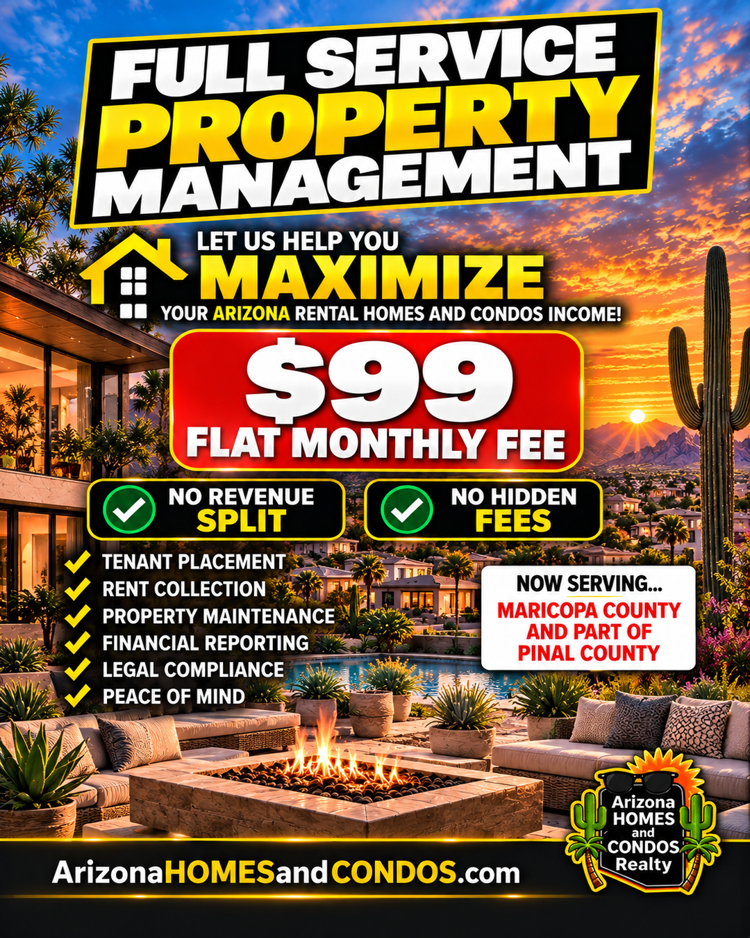 Property management quote Arizona: full service $99 flat fee for Phoenix Valley rentals